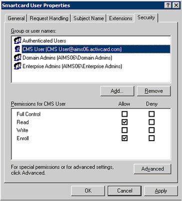 Windows Smartcard User Properties window with the Security tab displayed and CMS User selected in the Group or user names panel and a list of Permissions displayed in the panel below
